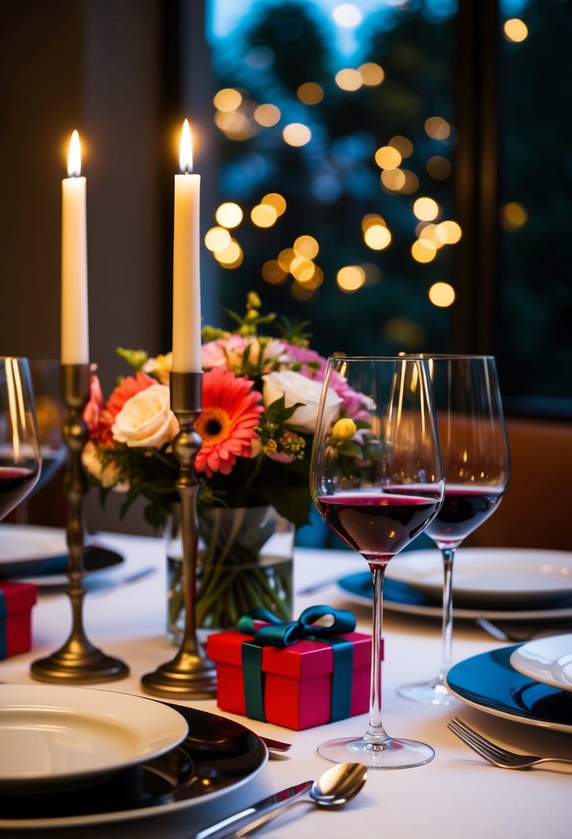 A candlelit dinner table with two wine glasses, a bouquet of flowers, and a small gift box