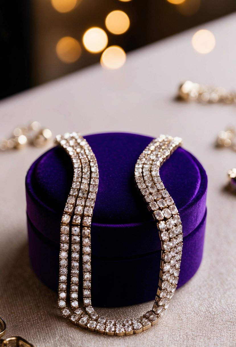 A sparkling tennis bracelet draped elegantly over a velvet jewelry box