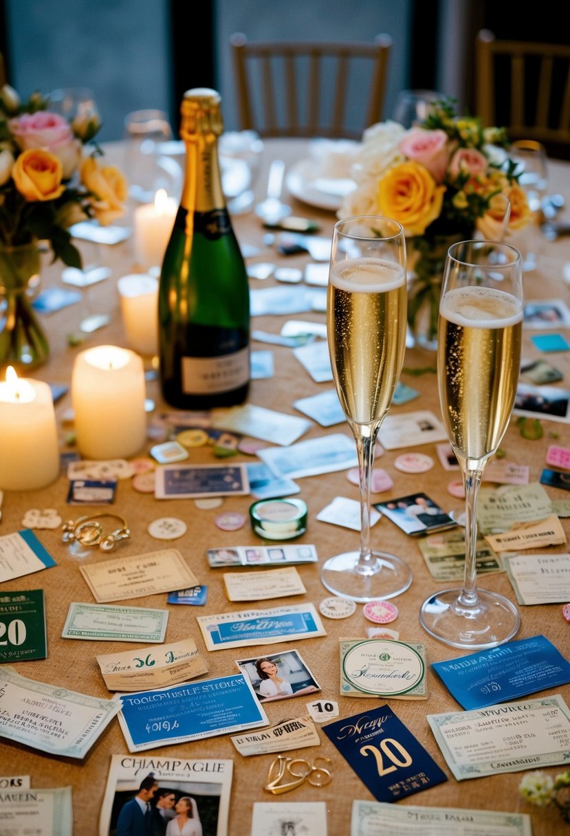 A table covered in photos, tickets, and mementos from 20 years of marriage. A champagne bottle and two flutes sit nearby, surrounded by candles and flowers