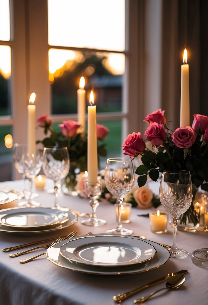 A candlelit table set with fine china, wine glasses, and a bouquet of roses. Soft music plays in the background as the evening sun casts a warm glow through the window