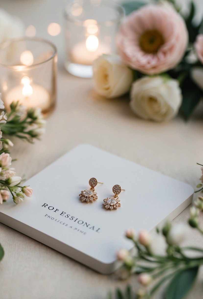 A table with delicate dangle earrings, surrounded by floral decorations and soft, romantic lighting