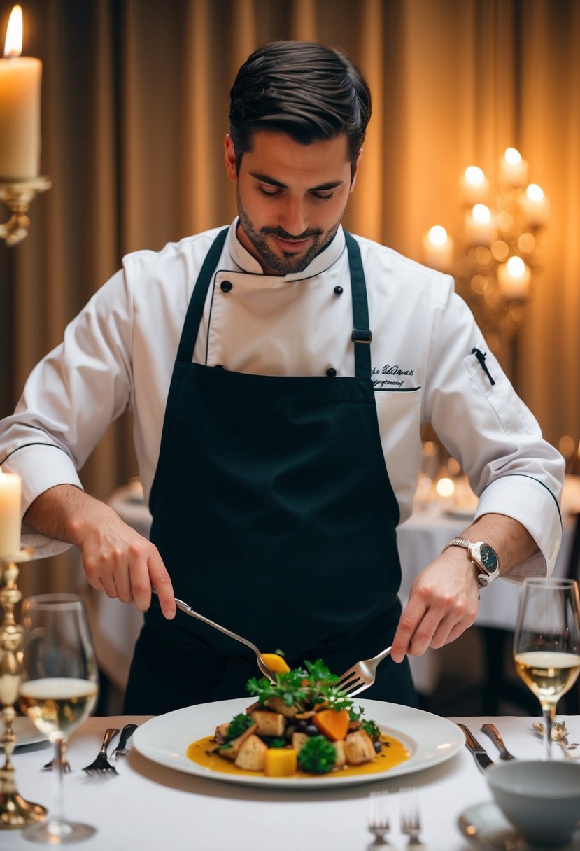 A private chef cooking a romantic dinner in a candlelit dining room for a 20th wedding anniversary celebration