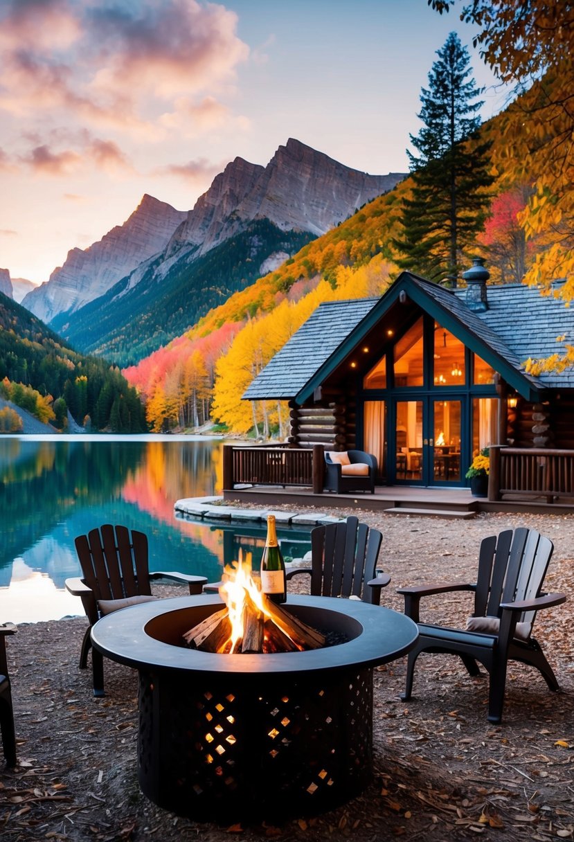 A cozy cabin nestled in the mountains, surrounded by colorful autumn foliage and a serene lake, with a crackling fire pit and a bottle of champagne on the table