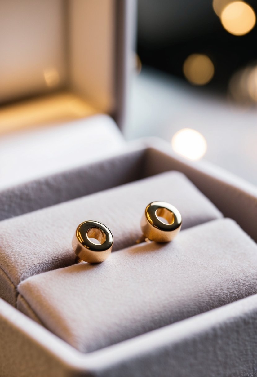 A close-up of simple gold stud earrings on a velvet jewelry display, surrounded by soft lighting