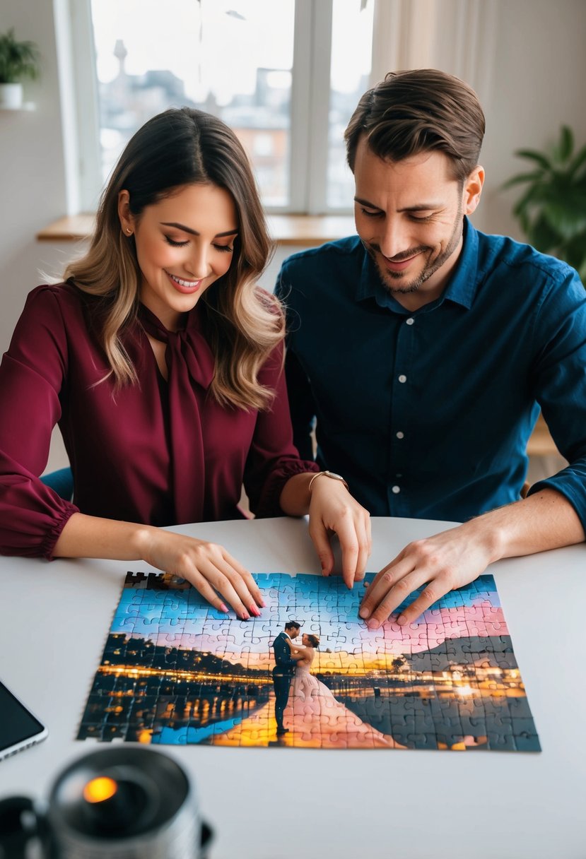 Two people sitting at a table, working together to complete a jigsaw puzzle. The completed puzzle depicts a romantic scene