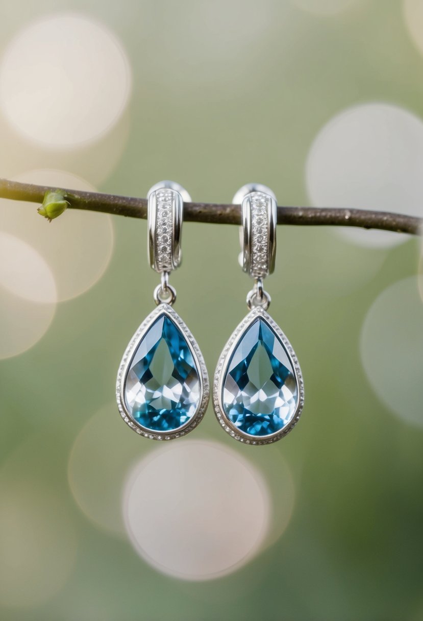 A close-up of elegant Elora Drop Earrings against a soft, blurred background, with natural light highlighting their intricate details