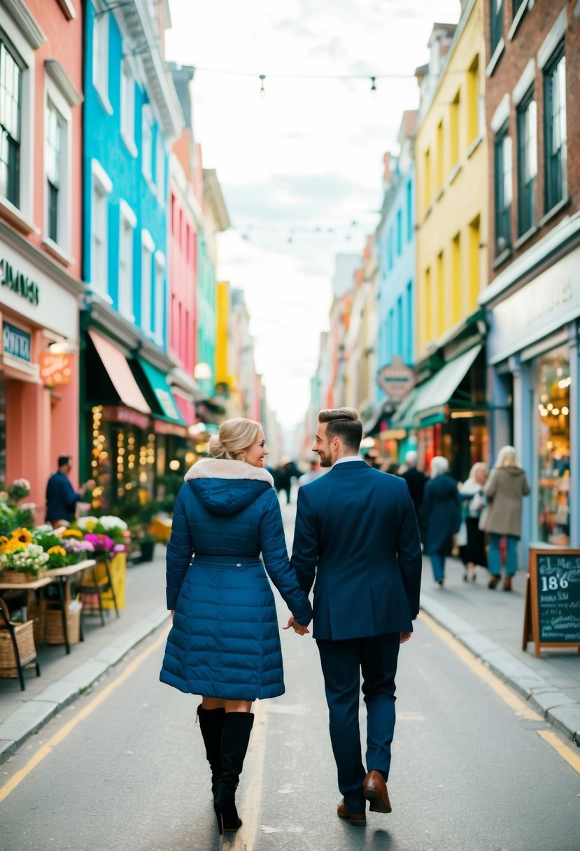 A couple strolling through a bustling city street, surrounded by colorful buildings and lively shops, taking in the sights and sounds of their 18th wedding anniversary adventure