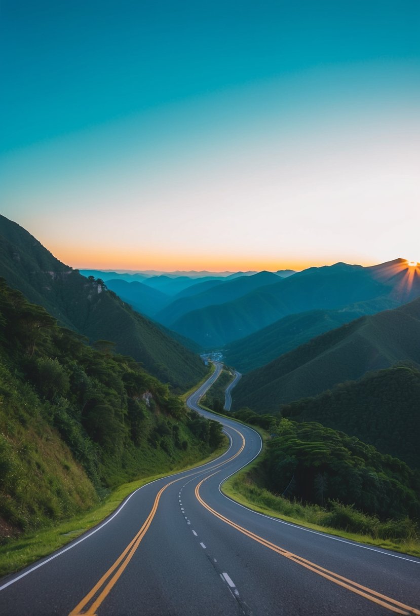 A winding road through lush mountains, with a clear blue sky and a setting sun casting a warm glow over the landscape