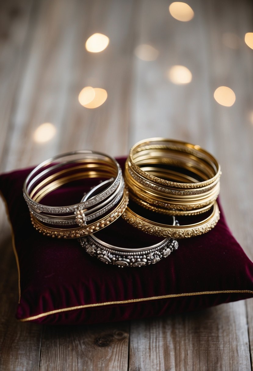 A collection of mixed metal bangles arranged on a velvet cushion, catching the light with their intricate designs and varied textures