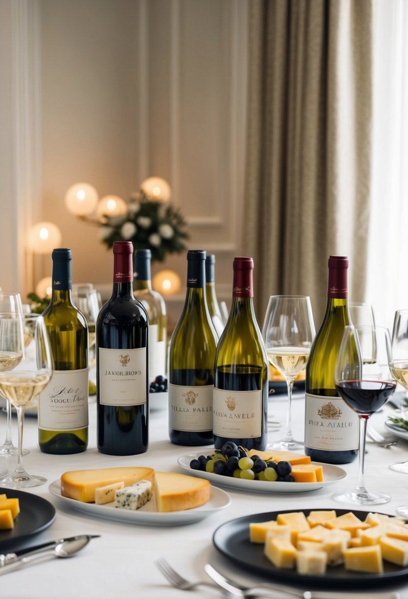 A table set with various wine bottles, glasses, and cheese platters, surrounded by elegant decor and soft lighting