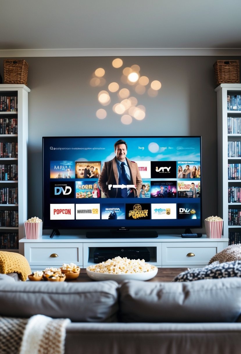 A cozy living room with a big screen TV, surrounded by shelves of DVDs, popcorn, and cozy blankets