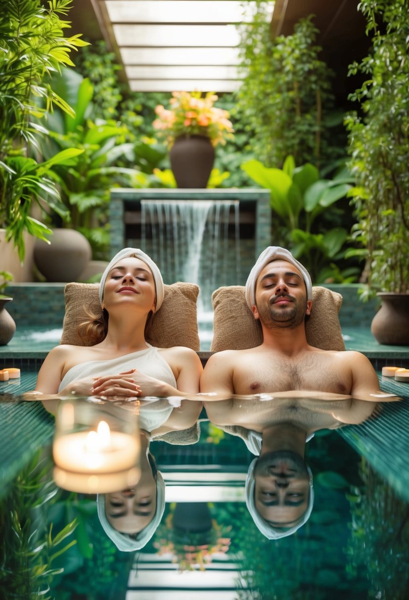 A couple relaxes in a serene spa setting, surrounded by lush greenery and soothing water features. They enjoy massages, facials, and other pampering treatments to celebrate their 18th wedding anniversary