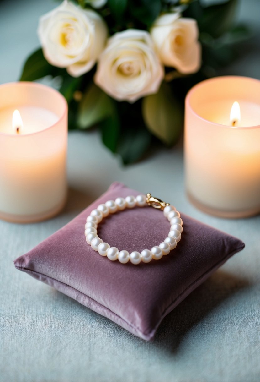 A delicate single pearl bracelet on a velvet cushion, surrounded by soft candlelight and a bouquet of white roses