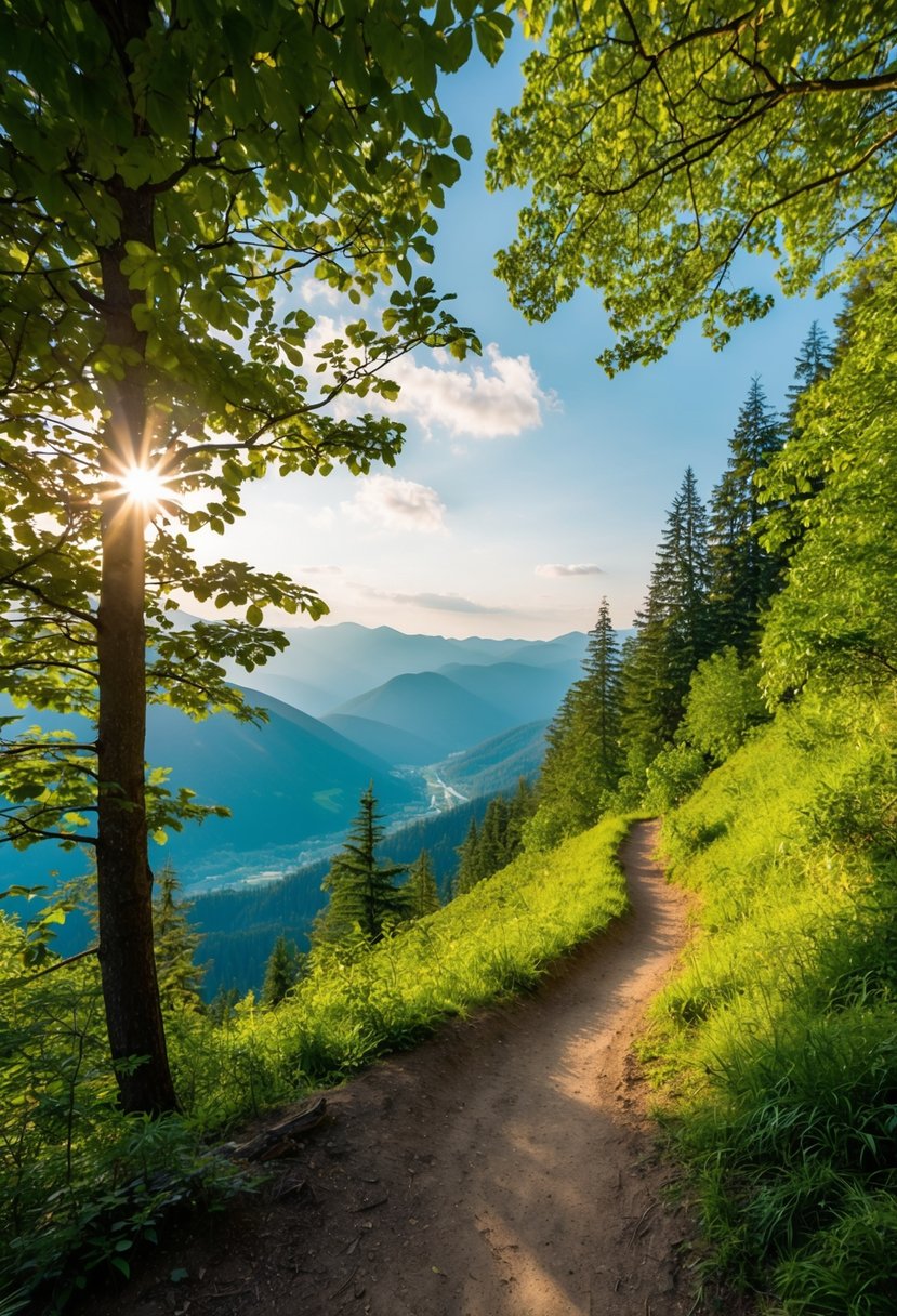 A winding trail through a lush forest, dappled sunlight filtering through the leaves, leading to a breathtaking vista of mountains and valleys