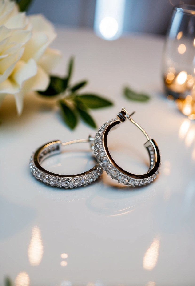 A glimmering pair of hoop earrings, adorned with delicate details, catching the light at a wedding reception