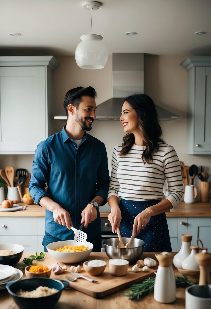 A couple stands side by side in a cozy kitchen, surrounded by ingredients and utensils as they work together to cook a new recipe for their 18th wedding anniversary