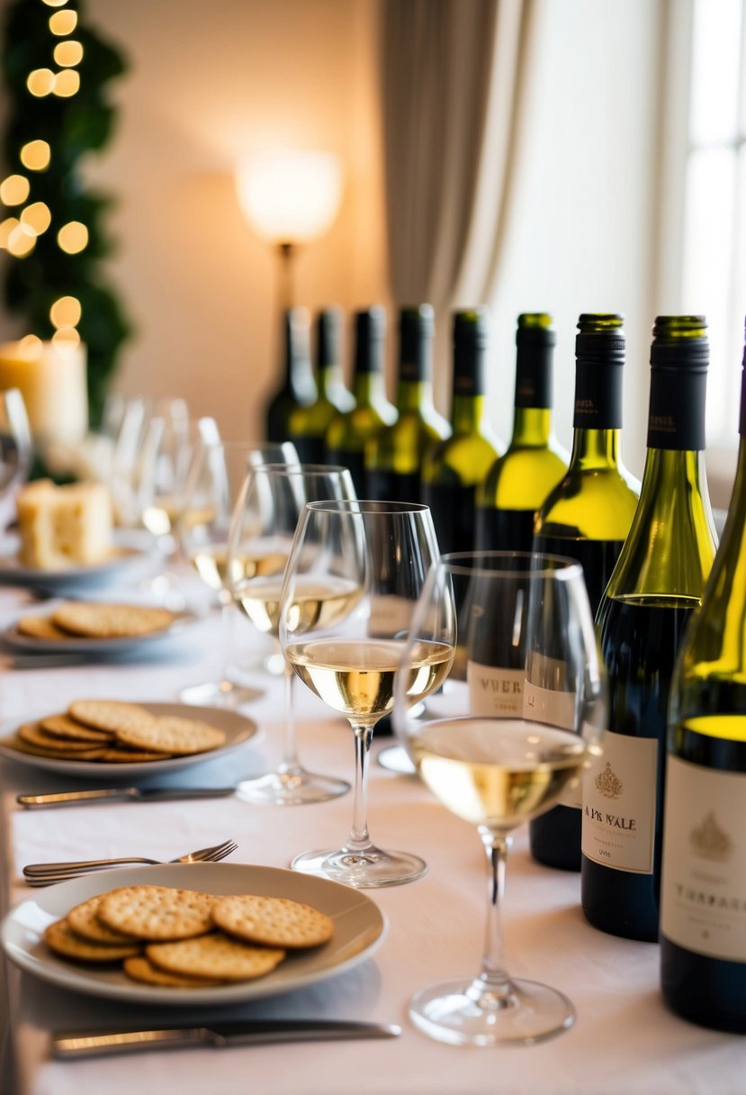 A table set with wine glasses, cheese, and crackers. Bottles of wine lined up for tasting. Elegant decor and soft lighting create a romantic ambiance