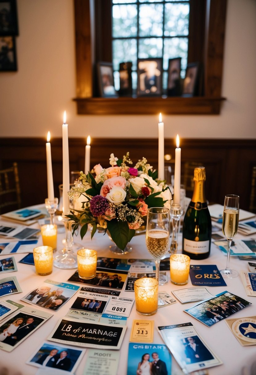 A table adorned with photos, tickets, and mementos from 18 years of marriage. A candlelit dinner setting with a bouquet of flowers and a bottle of champagne