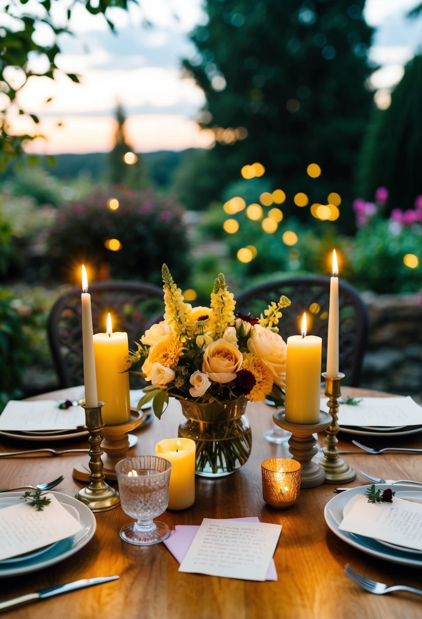 A cozy table set with candles, flowers, and love letters, surrounded by a serene garden or scenic view