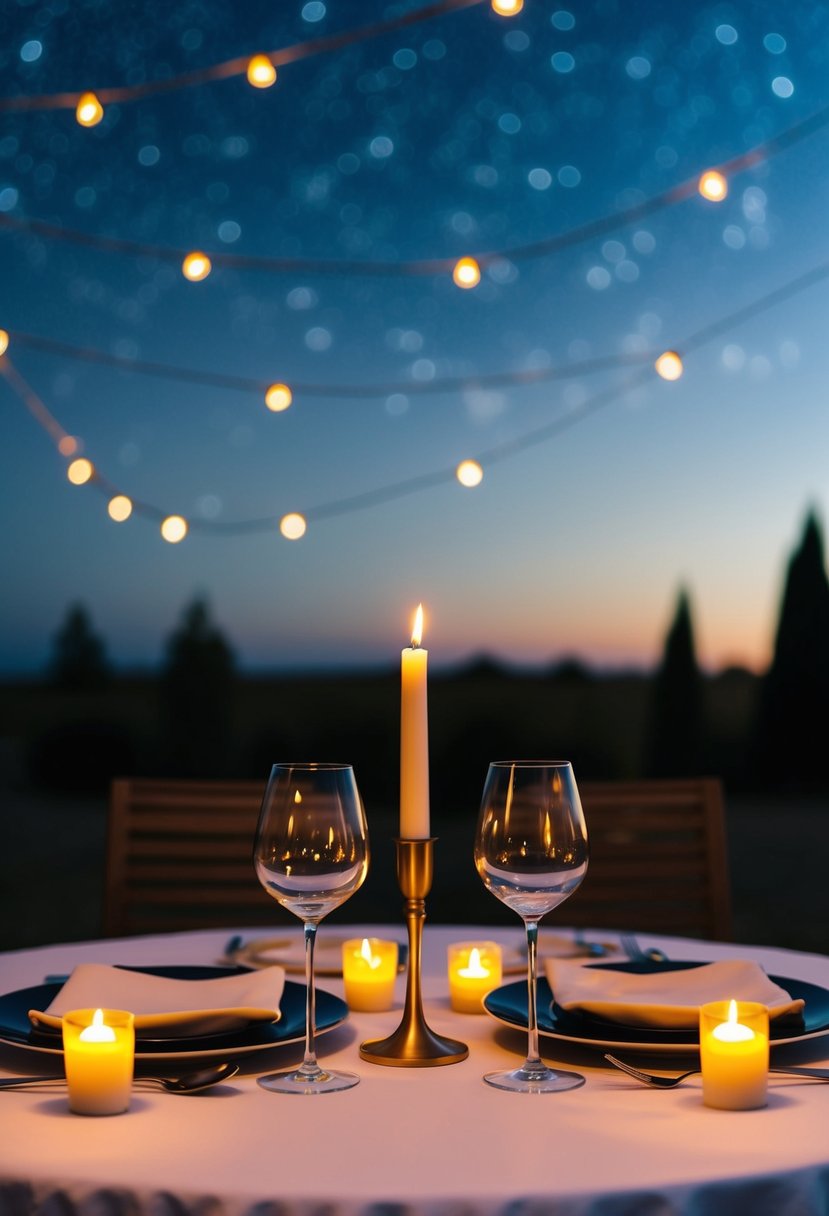 A romantic dinner under a starry sky, with a table set for two and candles flickering in the gentle breeze