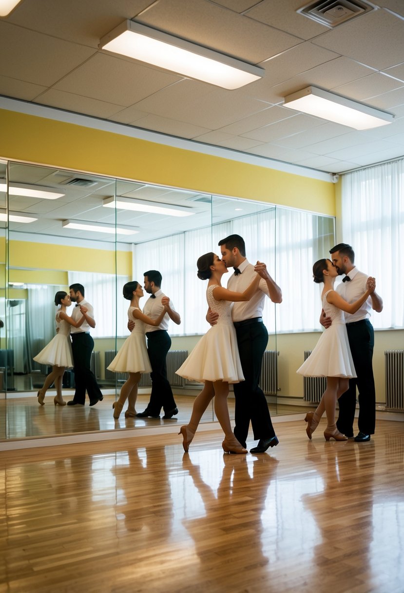 A brightly lit dance studio with mirrored walls and a polished wooden floor, filled with couples gracefully moving to the rhythm of music