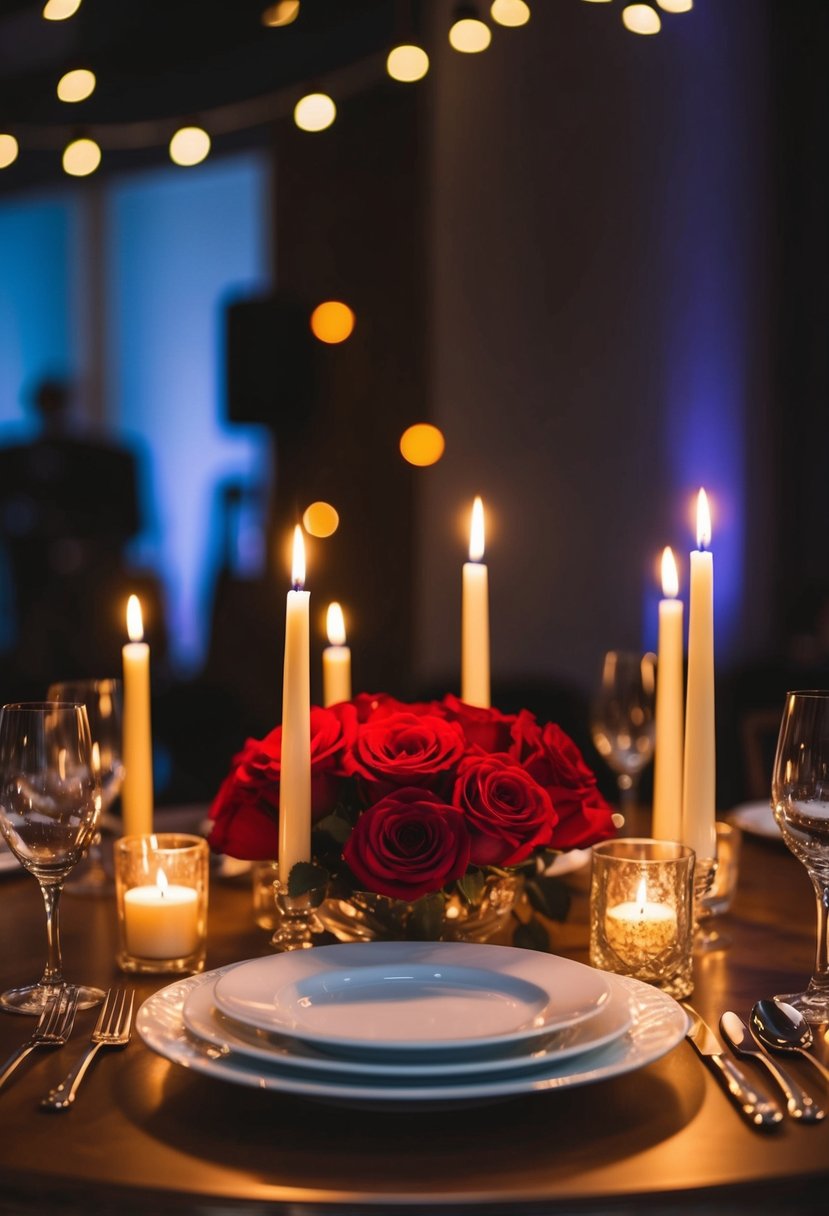 A candlelit table with red roses and fine china, set against a backdrop of soft music and dim lighting