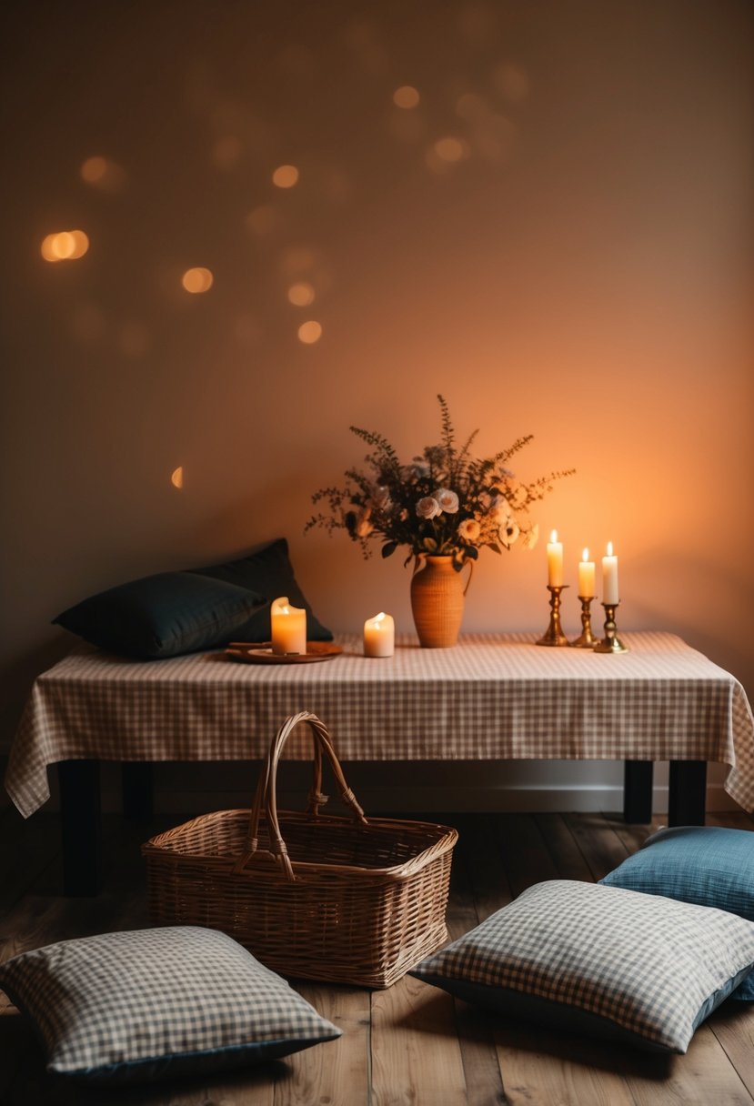 A warmly lit room with a low table set with a checkered tablecloth, a wicker basket, and scattered cushions. A vase of flowers and flickering candles add to the cozy atmosphere