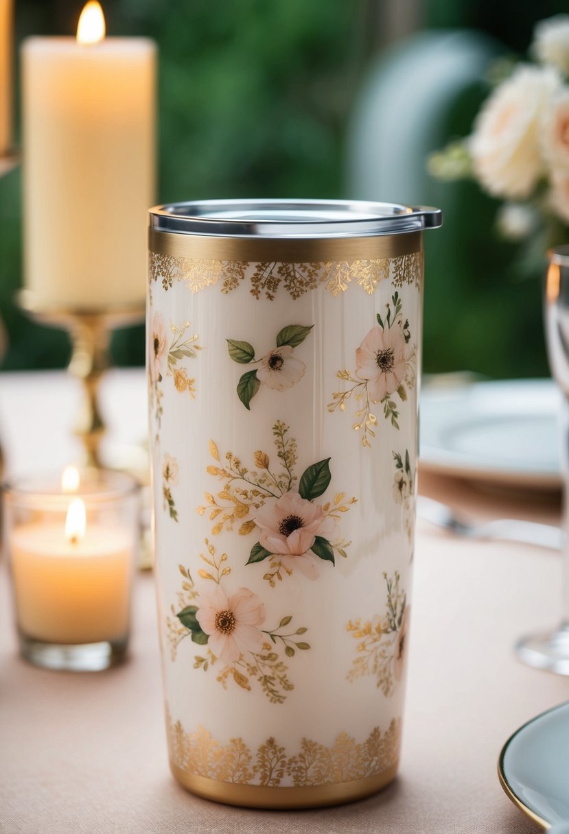 A beautifully decorated wedding tumbler with delicate floral patterns and elegant gold accents, placed on a table with soft candlelight