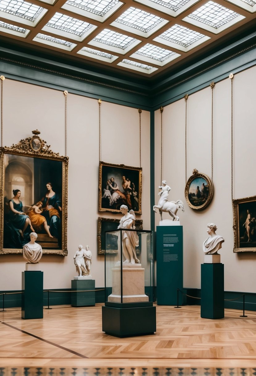 A museum interior with classical sculptures and paintings, soft lighting, and elegant decor