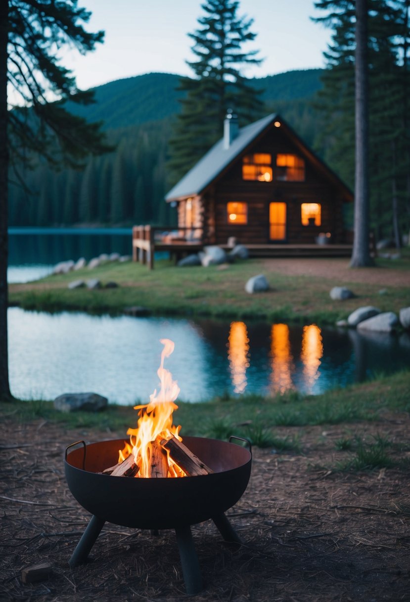 A cozy cabin nestled in a forest clearing, with a crackling fire pit and a view of a tranquil lake