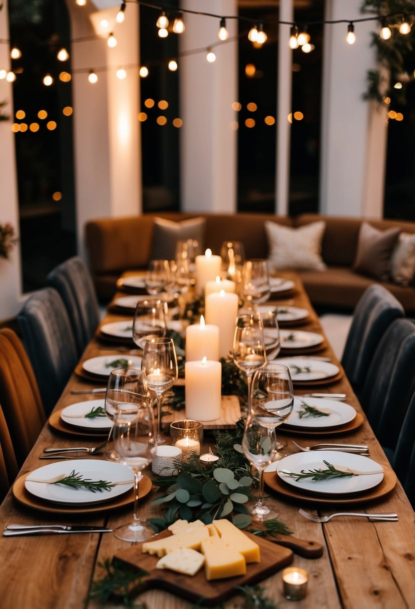 A rustic table set with wine glasses, cheese board, and candles, surrounded by cozy seating and soft lighting for a romantic 23rd wedding anniversary celebration