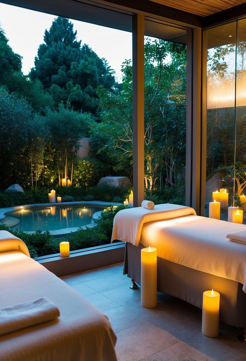 A serene spa with two massage tables surrounded by candles and soft lighting, overlooking a tranquil garden