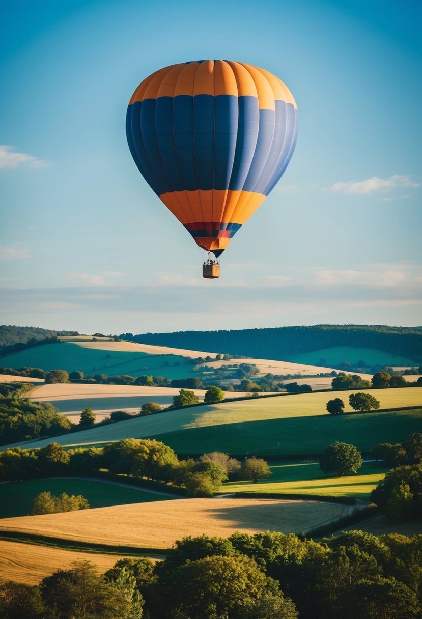 A colorful hot air balloon floats above a scenic landscape, with rolling hills, trees, and a clear blue sky