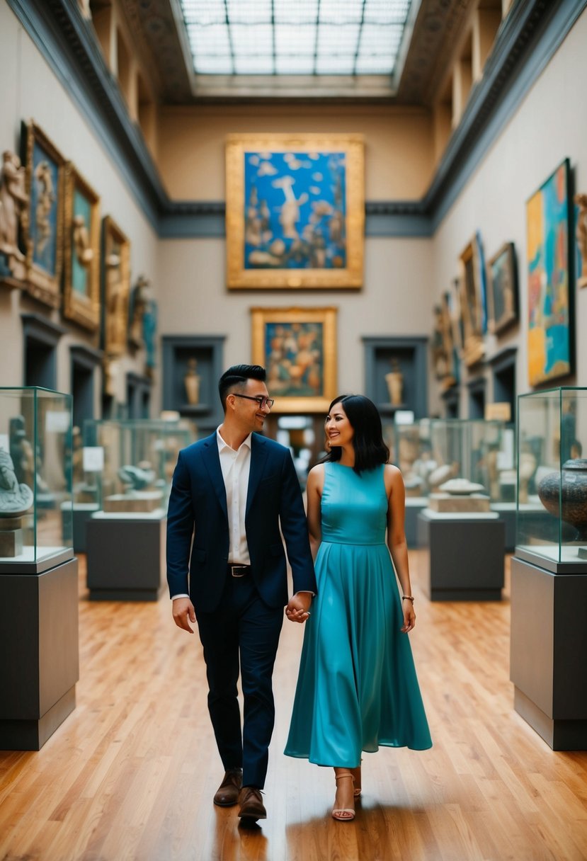 A couple strolling through a grand museum filled with ancient artifacts and colorful artwork