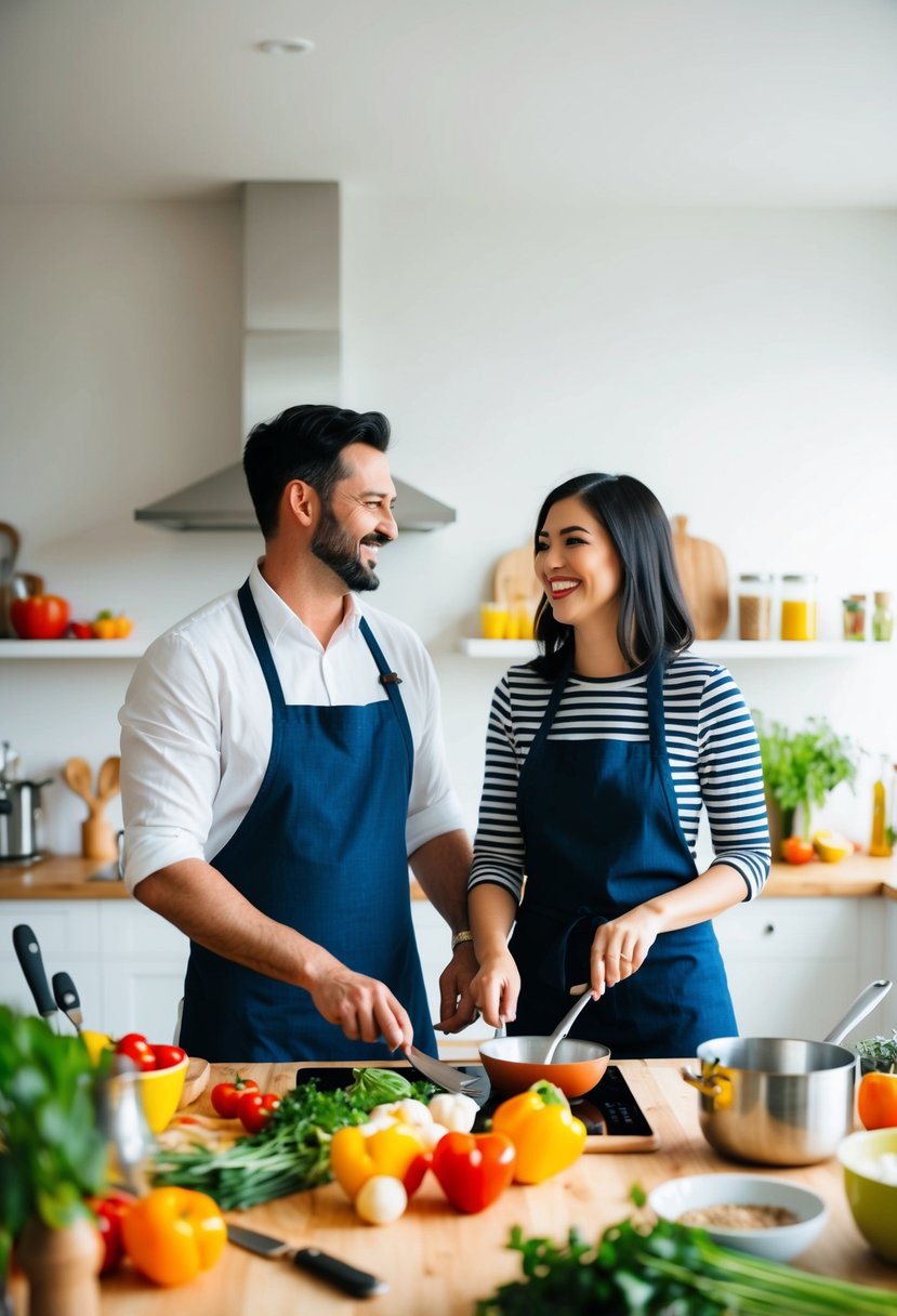 A couple stands side by side in a bright, spacious kitchen, surrounded by colorful ingredients and cooking utensils. They work together to prepare a new recipe, smiling and laughing as they celebrate their 23rd wedding anniversary