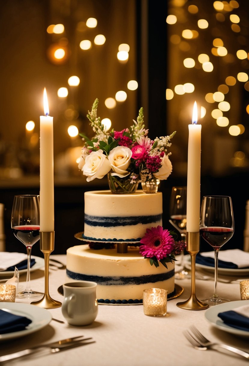 A candlelit dinner table set with flowers, wine, and a two-tiered cake