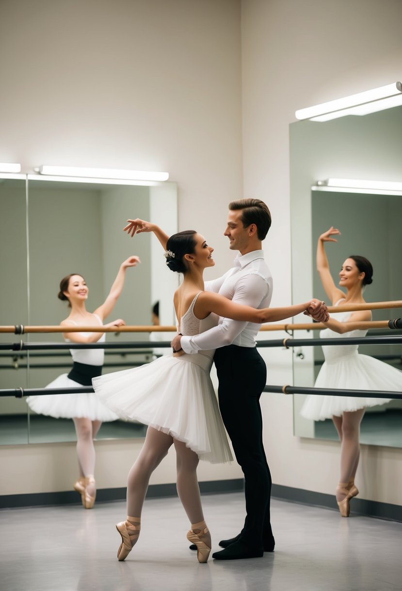 A couple gracefully dances in a studio, surrounded by mirrors and ballet bars, as their instructor guides them through elegant movements