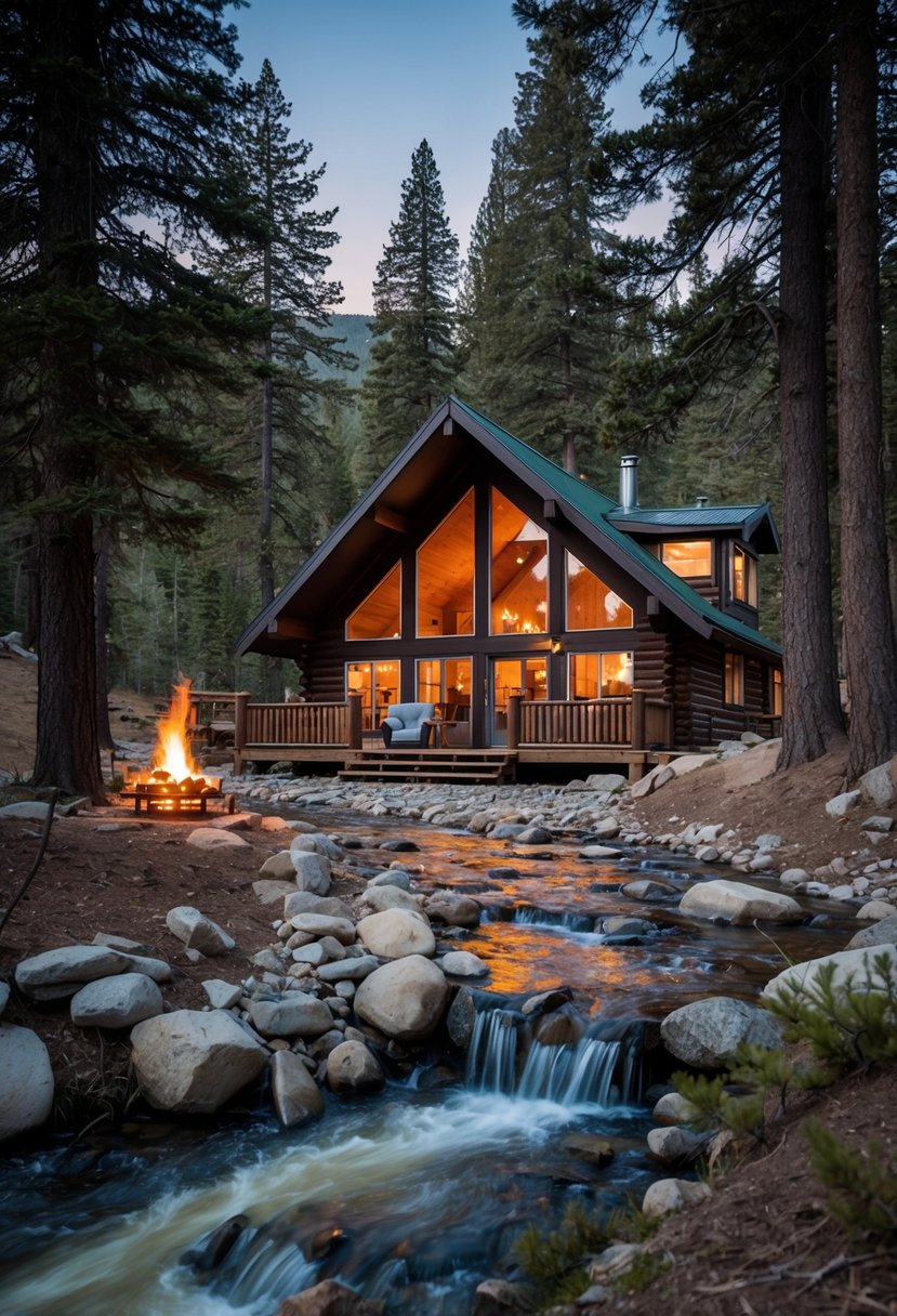 A cozy cabin nestled in the mountains, surrounded by tall pine trees and a bubbling stream, with a warm fire crackling in the fireplace