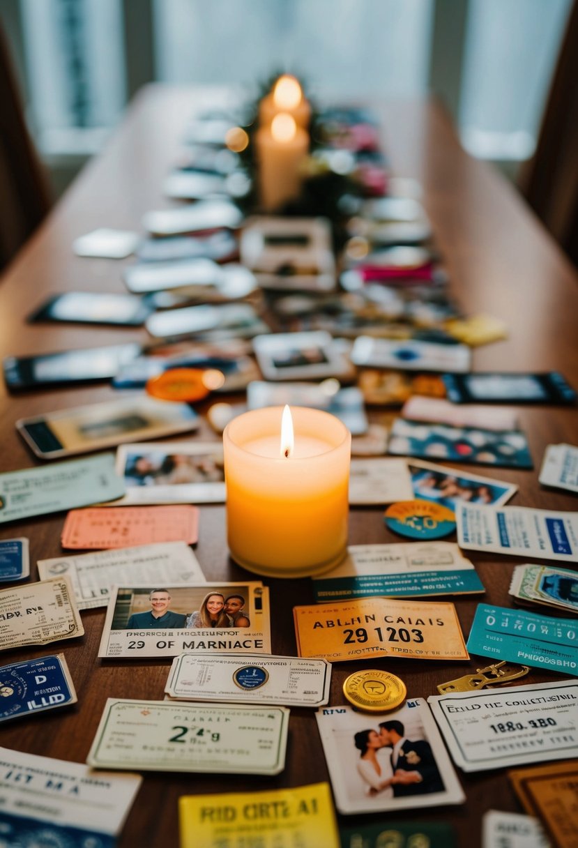 A table adorned with a collection of photos, tickets, and mementos from a couple's 23 years of marriage. A candle flickers in the center, casting a warm glow over the cherished memories