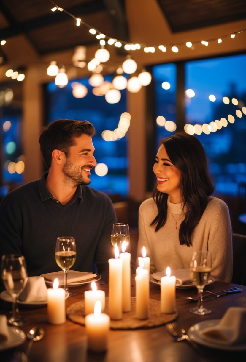 A couple sits at a candlelit table in a cozy restaurant, surrounded by soft music and twinkling lights. They share smiles and laughter as they reminisce about their first date