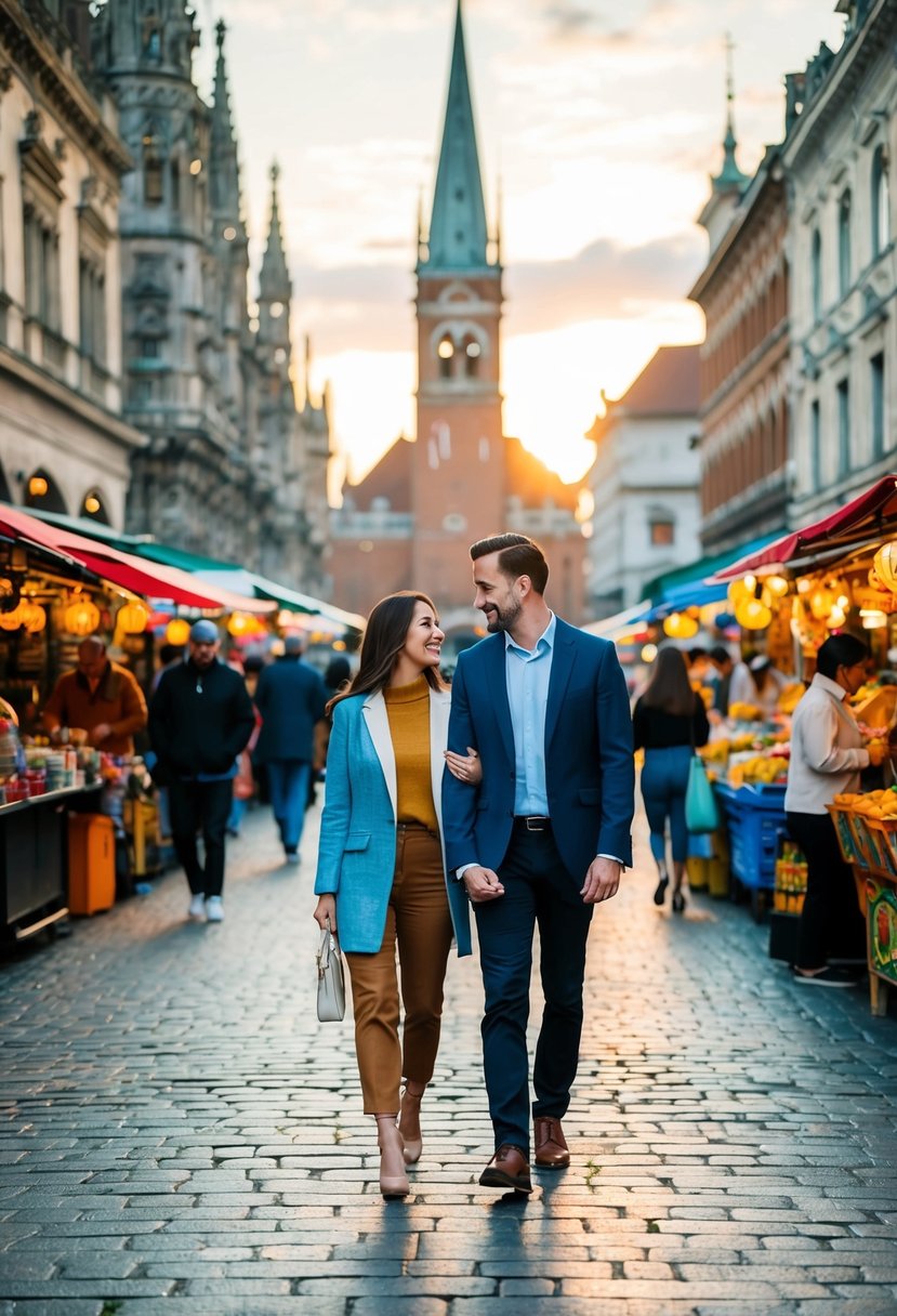 A couple strolling through a bustling city square, surrounded by historic buildings and colorful street vendors, with a beautiful sunset in the background