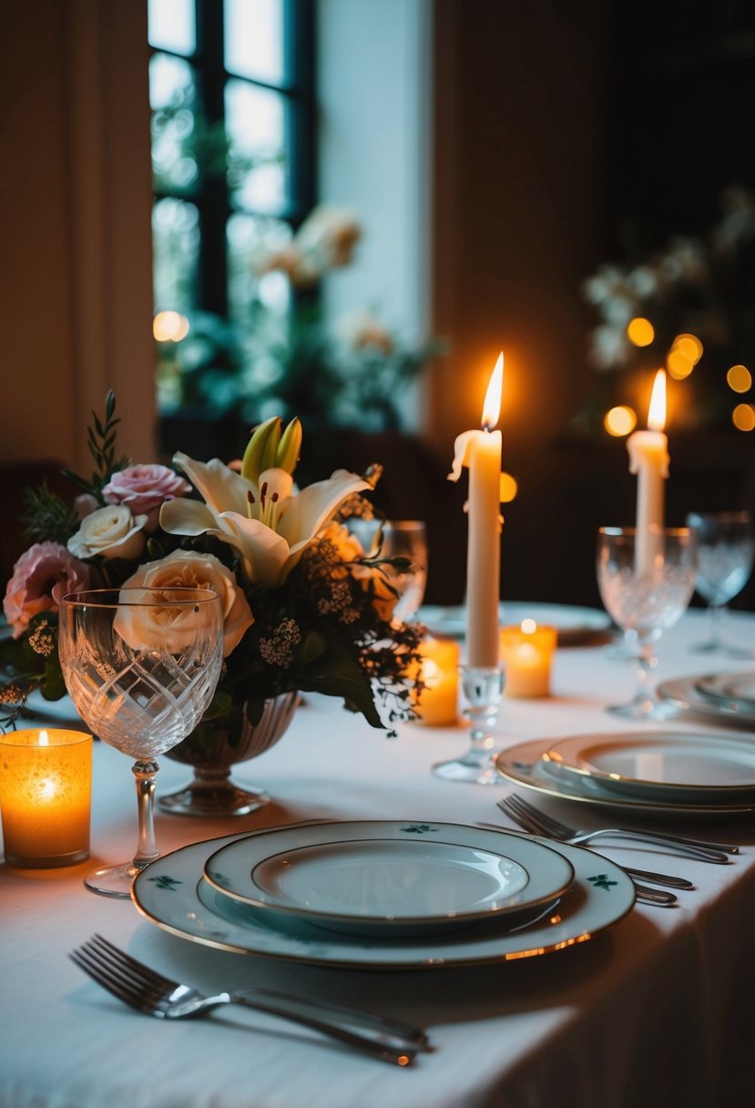 A table set with fine china, a bouquet of flowers, and a flickering candle casting a warm glow in a dimly lit room