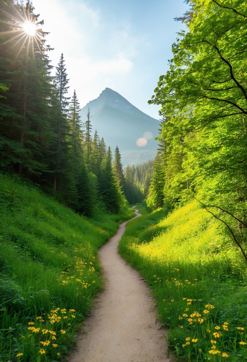 A winding trail leads through lush forest, sunlight filtering through the canopy. A distant mountain peak looms in the background, while colorful wildflowers line the path