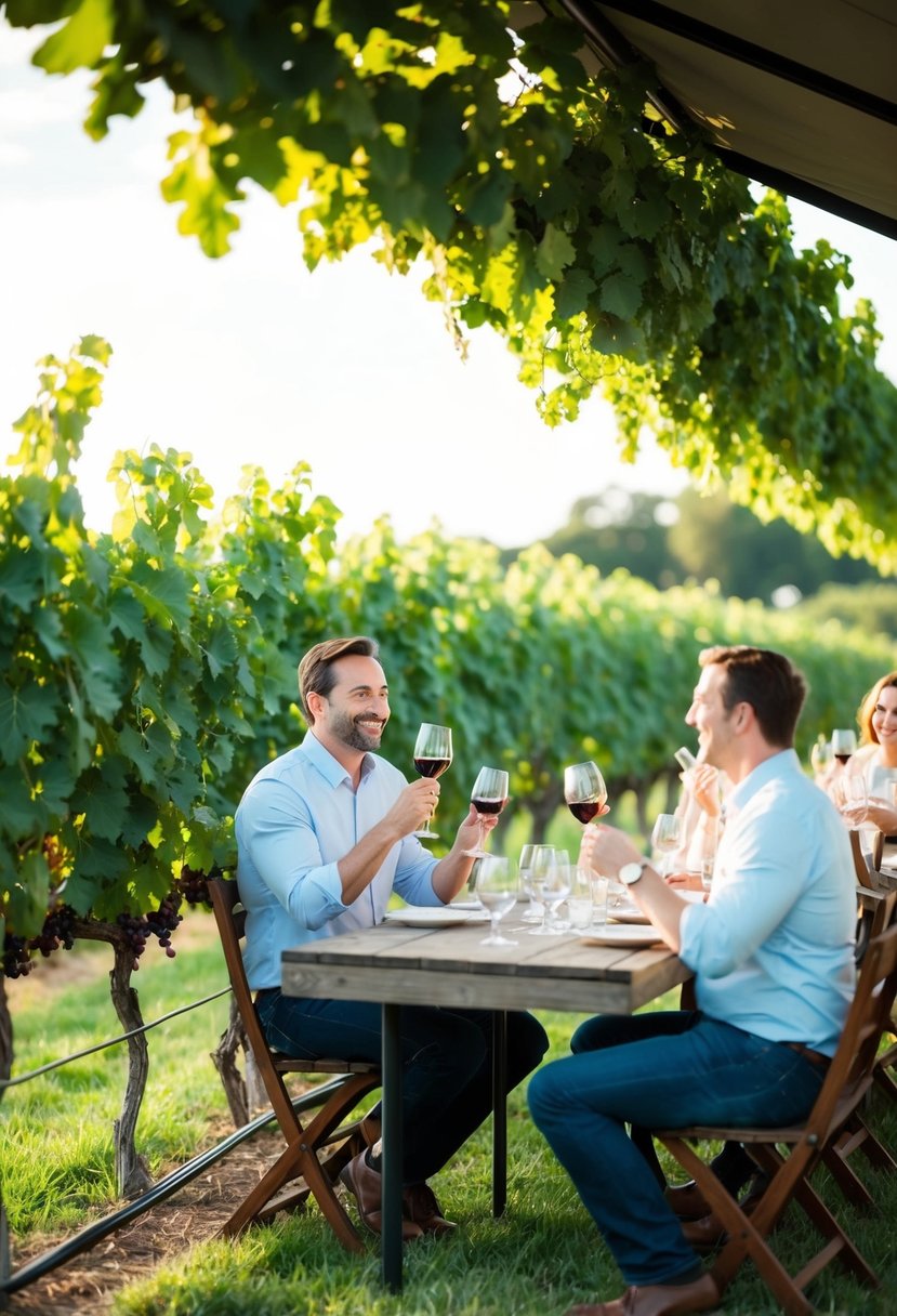 Lush vineyard with rows of grapevines, a rustic wine tasting area under a canopy, and a couple enjoying glasses of wine