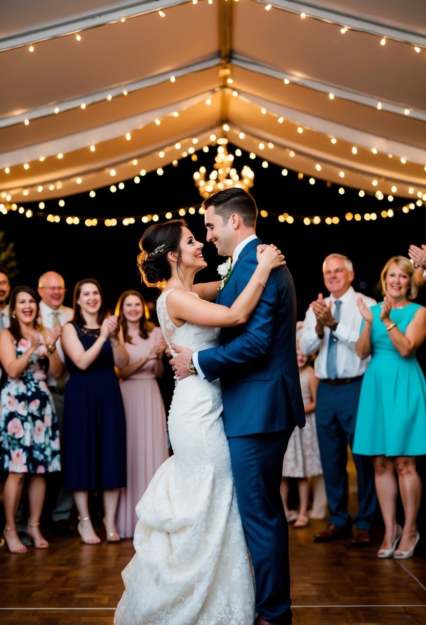 A couple dances under twinkling lights at their wedding, surrounded by friends and family cheering and clapping