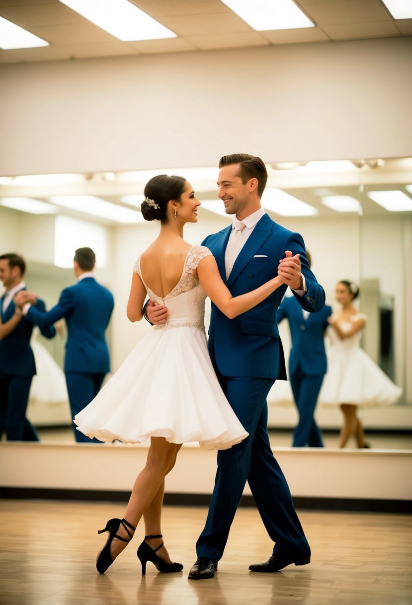 A couple gracefully waltzing in a dance studio, surrounded by mirrors and soft lighting