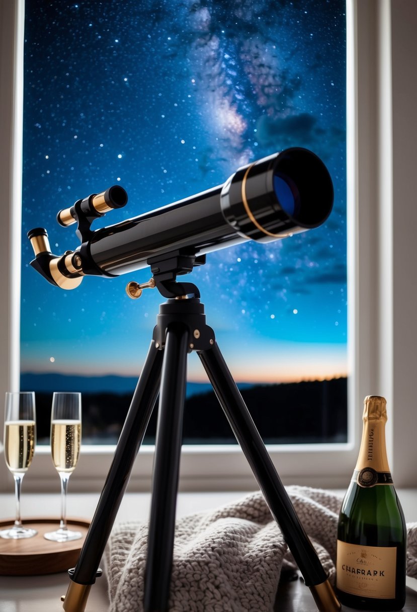 A telescope pointed at a starry night sky, with a cozy blanket and a bottle of champagne nearby