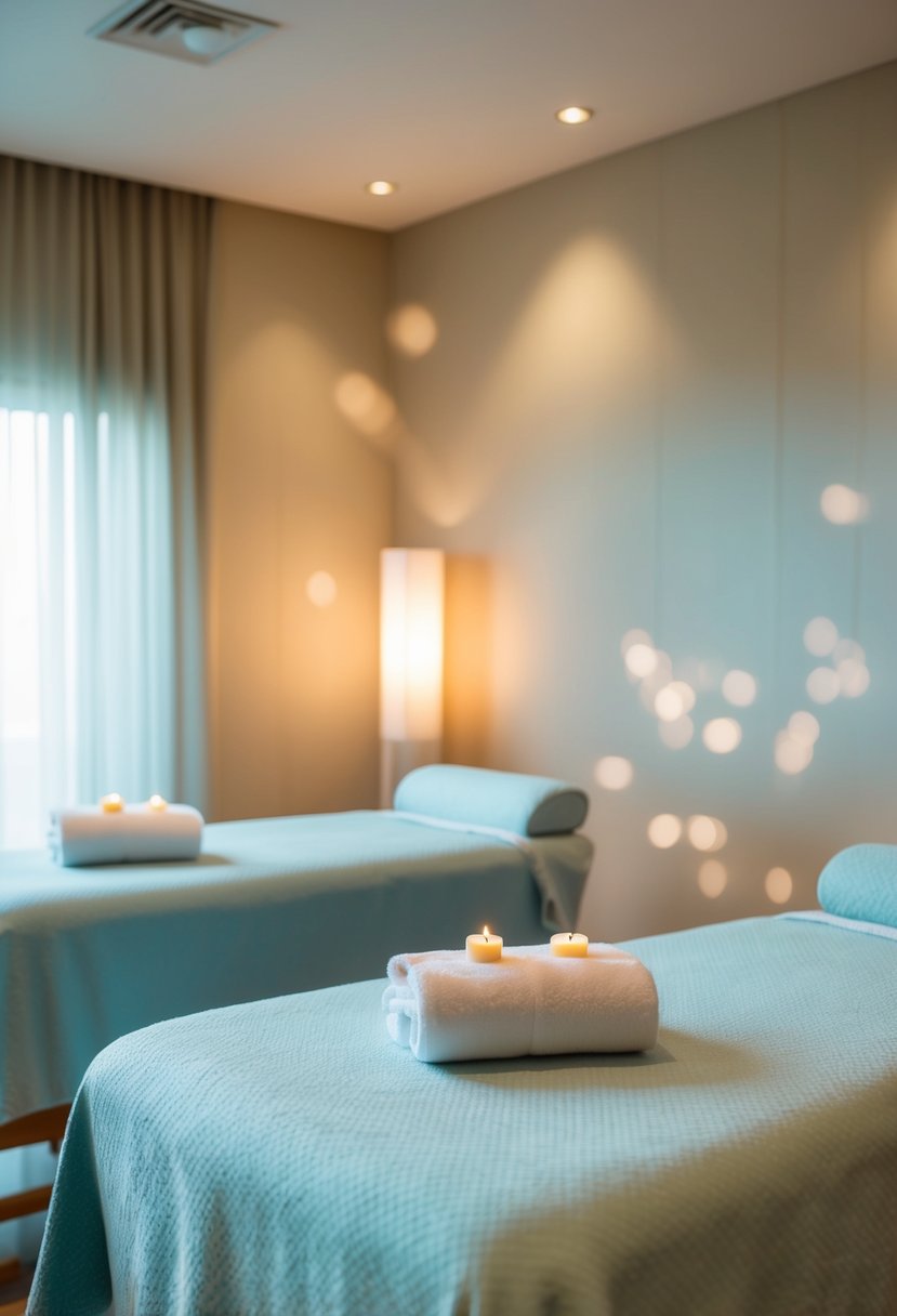 A serene spa with two massage tables, soft lighting, and a tranquil atmosphere