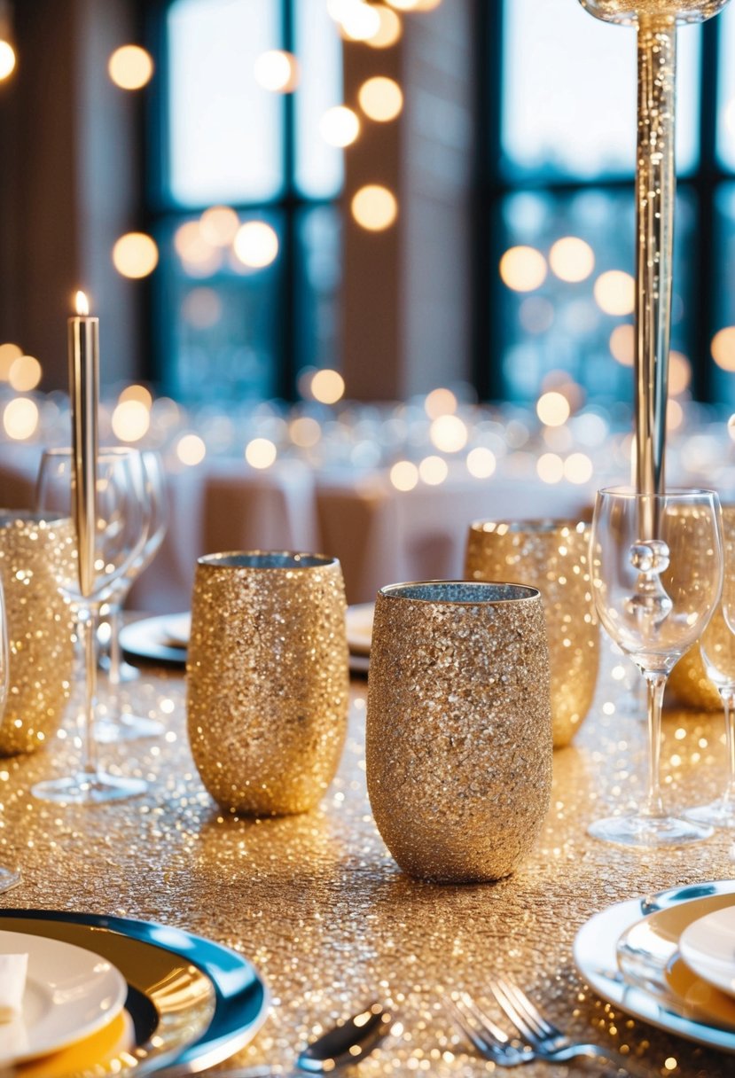 A table adorned with sparkling sequin and glitter-covered tumblers, reflecting the light in a festive and glamorous wedding setting