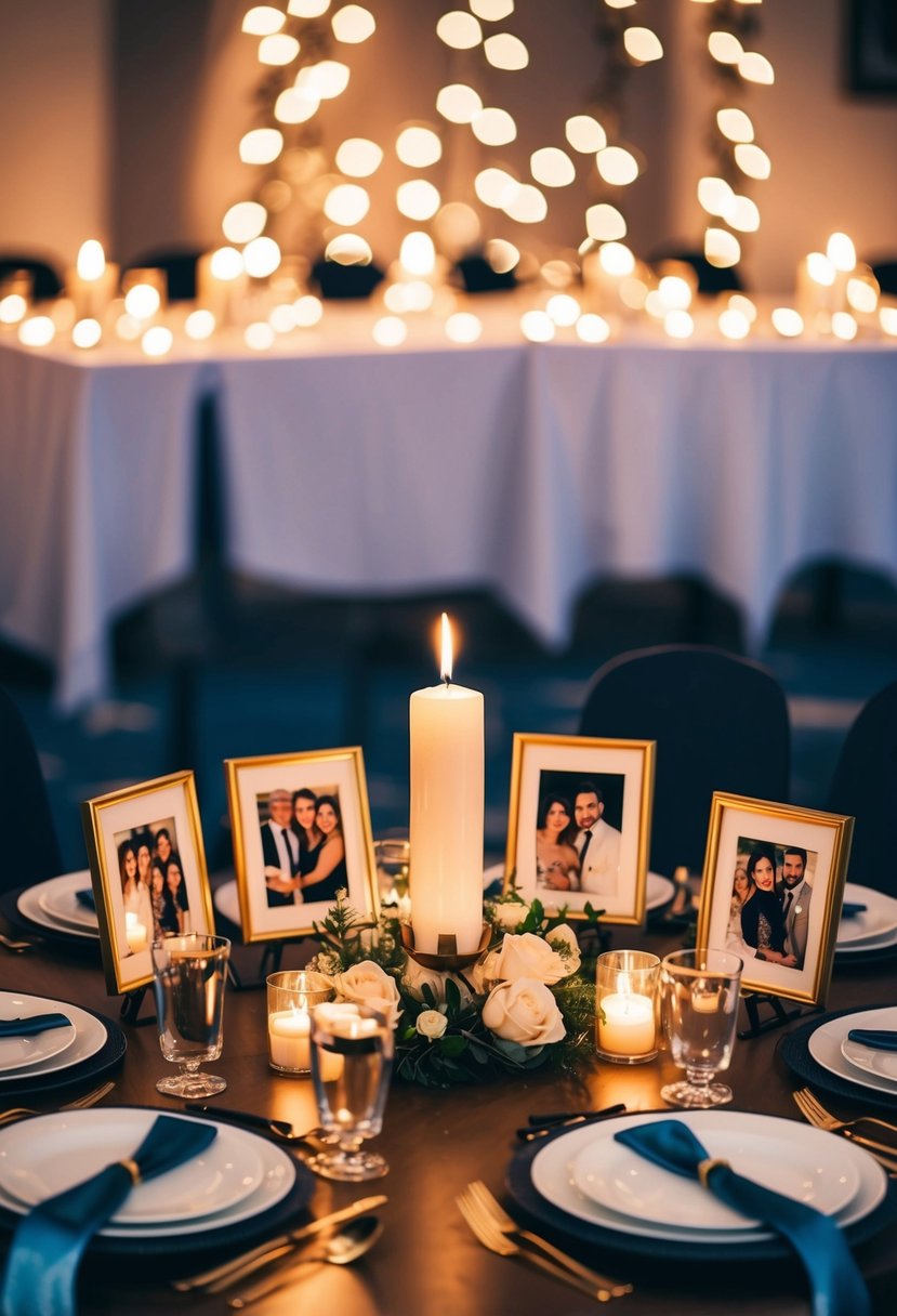 A table set with a candlelit dinner, surrounded by framed photos of the couple's 21 years together